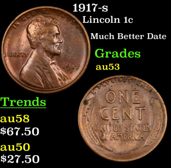 1917-s Lincoln Cent 1c Grades Select AU