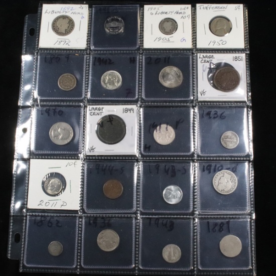 Page of 20 Mixed coins Barber 25c, Braided Hair 1c, Washington 25c, Liberty 5c, Indian 1c, Buffalo 5