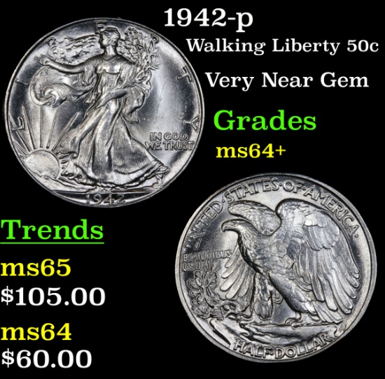 1942-p Walking Liberty Half Dollar 50c Grades Choice+ Unc