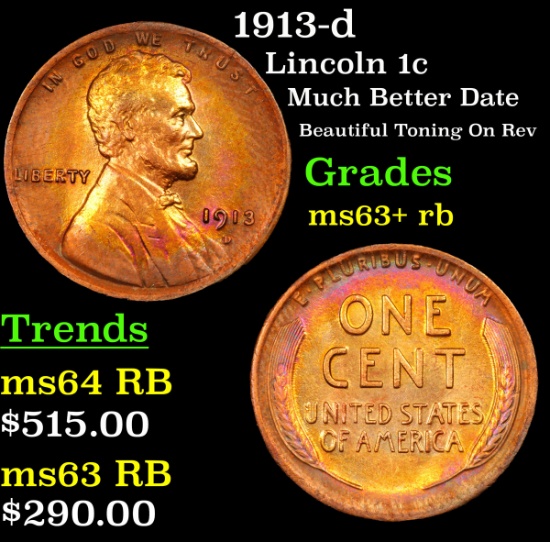 1913-d Lincoln Cent 1c Grades Select+ Unc RB