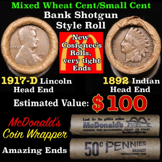 Mixed small cents 1c orig shotgun roll, 1917-d Wheat Cent, 1892 Indian Cent other end