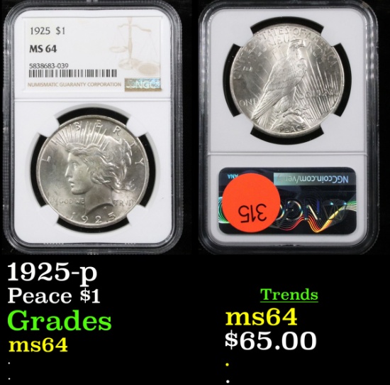 NGC 1925-p Peace Dollar $1 Graded ms64 By NGC