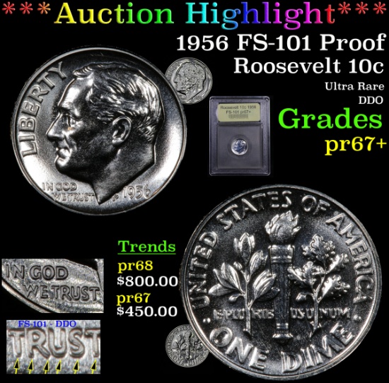 ***Auction Highlight*** 1956 FS-101 Proof Roosevelt Dime 10c Graded GEM++ Proof By USCG (fc)