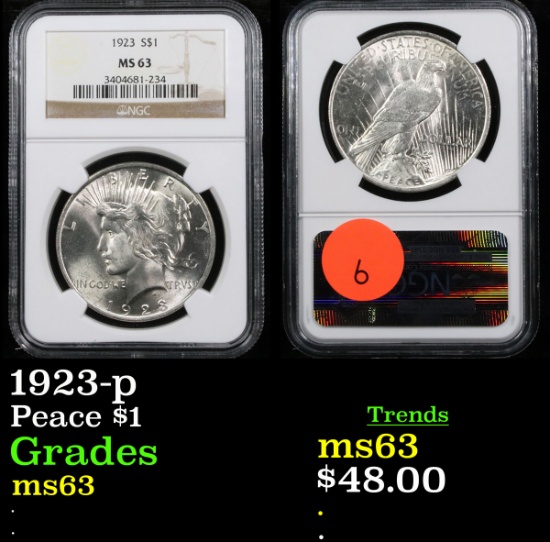 NGC 1923-p Peace Dollar $1 Graded ms63 By NGC