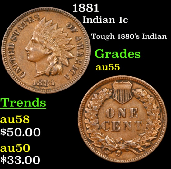 1881 Indian Cent 1c Grades Choice AU