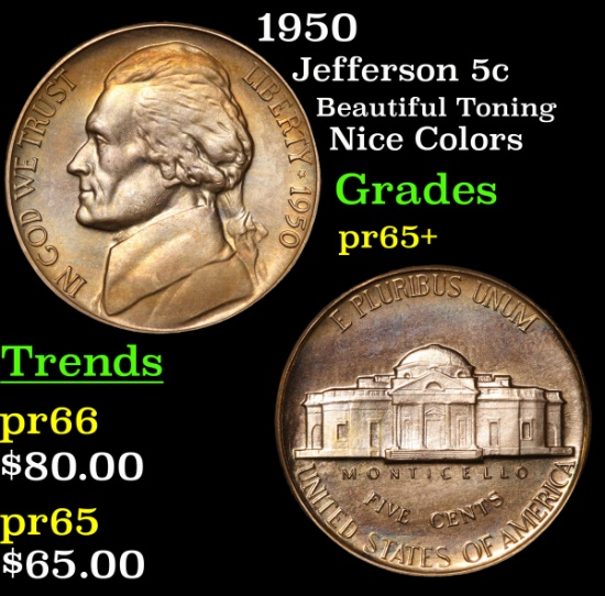 Proof 1950 Jefferson Nickel 5c Grades GEM+ Proof