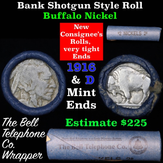 Buffalo Nickel Shotgun Roll in Old Bank Style 'Bell Telephone'  Wrapper 1916& d Mint Ends