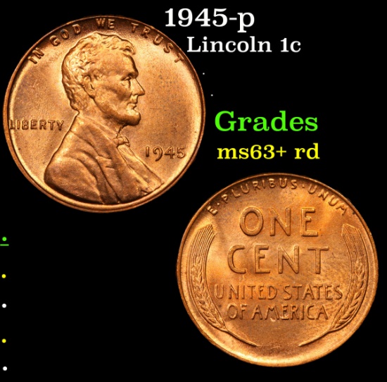 1945-p Lincoln Cent 1c Grades Select+ Unc RD