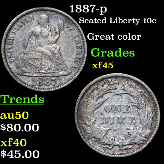 1887-p Seated Liberty Dime 10c Grades xf+