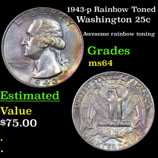 1943-p Rainbow Toned Washington Quarter 25c Grades Choice Unc