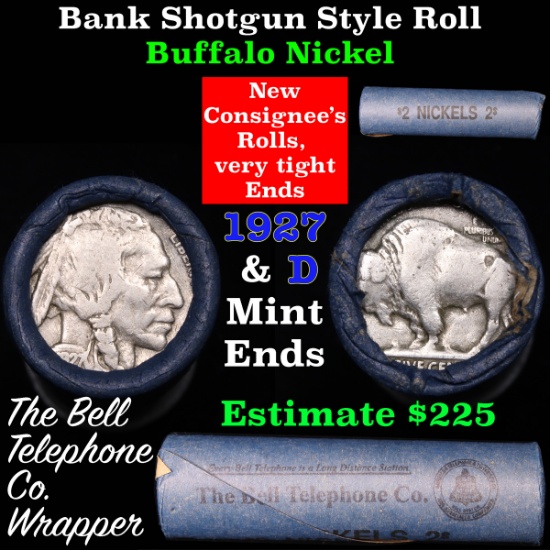 Buffalo Nickel Shotgun Roll in Old Bank Style 'Bell Telephone'  Wrapper 1927 & d Mint Ends