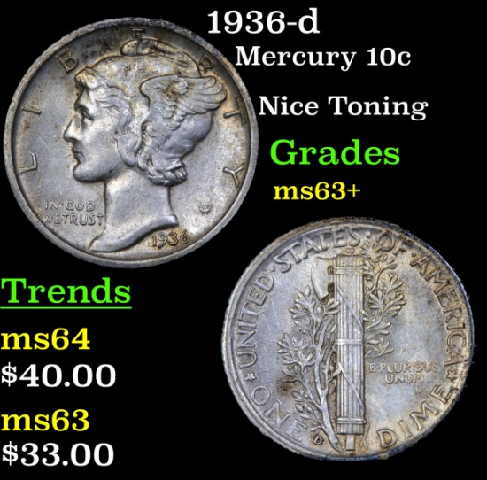 1936-d Mercury Dime 10c Grades Select+ Unc