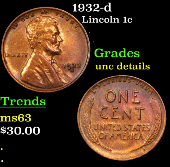 1932-d Lincoln Cent 1c Grades Unc Details