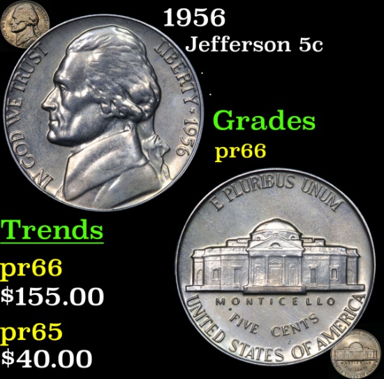 Proof 1956 Jefferson Nickel 5c Grades GEM+ Proof