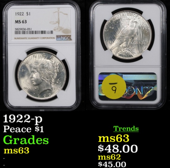 NGC 1922-p Peace Dollar $1 Graded ms63 By NGC