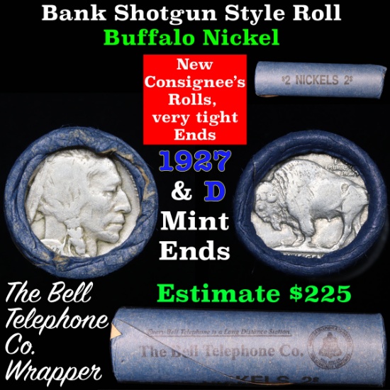 Buffalo Nickel Shotgun Roll in Old Bank Style 'Bell Telephone'  Wrapper 1927& d Mint Ends
