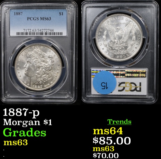 PCGS 1887-p Morgan Dollar $1 Graded ms63 By PCGS