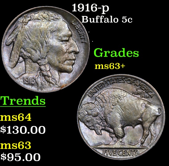 1916-p Buffalo Nickel 5c Grades Select+ Unc