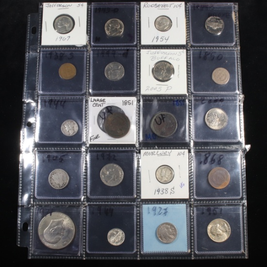 Page of 20 Mixed coins Mercury 10c, Braided Hair 1c, Washington 25c, Jefferson 5c, Indian 1c, Roosev