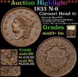 ***Auction Highlight*** 1833 N-6 Coronet Head Large Cent 1c Graded Select+ Unc BN By USCG (fc)