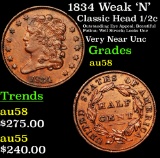 1834 Weak 'N' Classic Head half cent 1/2c Grades Choice AU/BU Slider