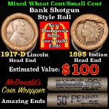 Mixed small cents 1c orig shotgun roll, 1917-d Wheat Cent, 1895 Indian Cent other end, McDonalds Wra