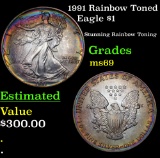 1991 Rainbow Toned Silver Eagle Dollar $1 Grades ms69