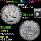 ***Auction Highlight*** 1908-p Barber Half Dollars 50c Graded Select+ Unc By USCG (fc)