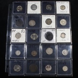 Page of 20 Mixed coins Roosevelt 10c, Braided Hair 1c, Washington 25c, Jefferson 5c, Barber 10c, Mer