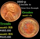 1910-p Lincoln Cent 1c Grades GEM Unc RB