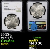 NGC 1925-p Peace Dollar $1 Graded ms64 By NGC