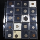 Page of 20 Mixed coins Jefferson 5c, Braided Hair 1c, Washington 25c, Mercury 10c, Lincoln 1c, Buffa