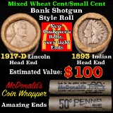 Mixed small cents 1c orig shotgun roll, 1917-d Wheat Cent, 1893 Indian Cent other end, McDonalds Wra