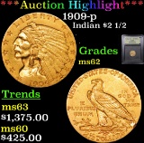 ***Auction Highlight*** 1909-p Gold Indian Quarter Eagle $2 1/2 Graded Select Unc By USCG (fc)