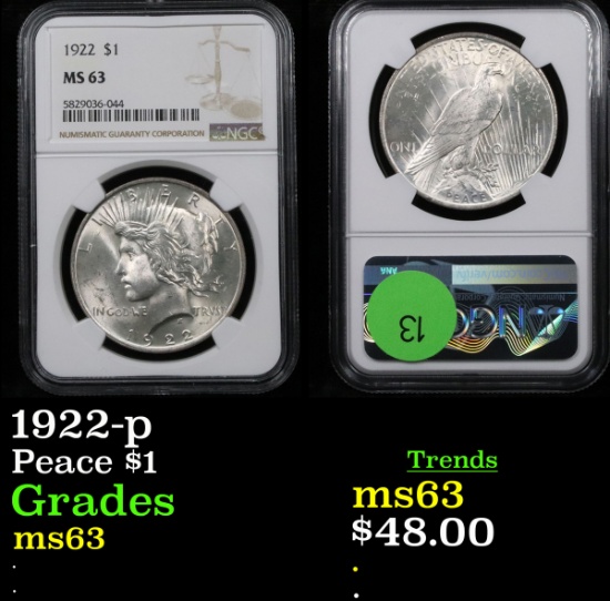 NGC 1922-p Peace Dollar $1 Graded ms63 By NGC