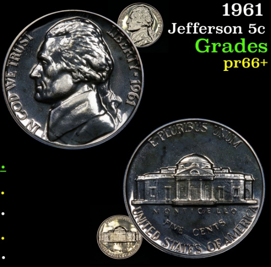 1961 Jefferson Nickel 5c Grades GEM++ Proof