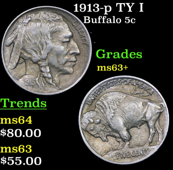 1913-p TY I Buffalo Nickel 5c Grades Select+ Unc