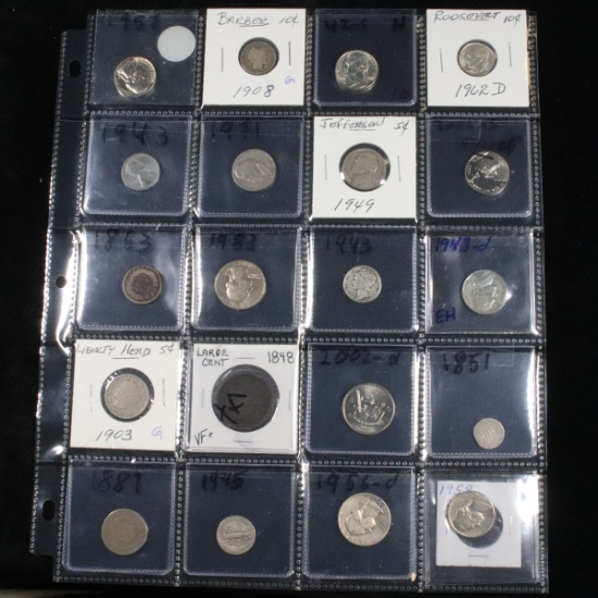Page of 20 Mixed coins Jefferson 5c, Braided Hair 1c, Washington 25c, Liberty 5c, Indian 1c, Buffalo