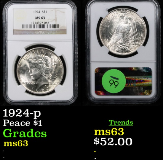 NGC 1924-p Peace Dollar $1 Graded ms63 By NGC