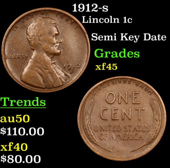 1912-s Lincoln Cent 1c Grades xf+