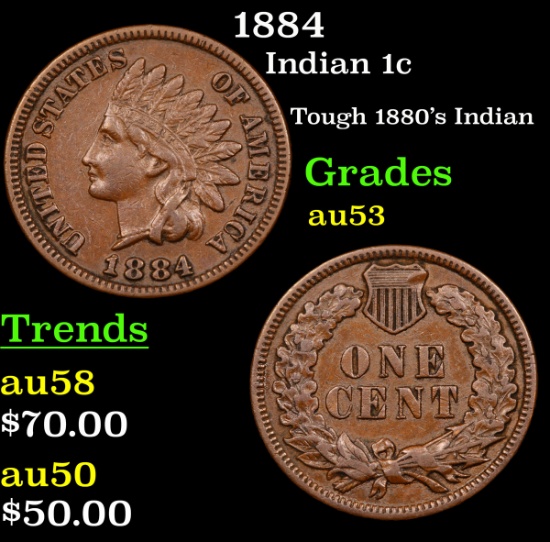 1884 Indian Cent 1c Grades Select AU