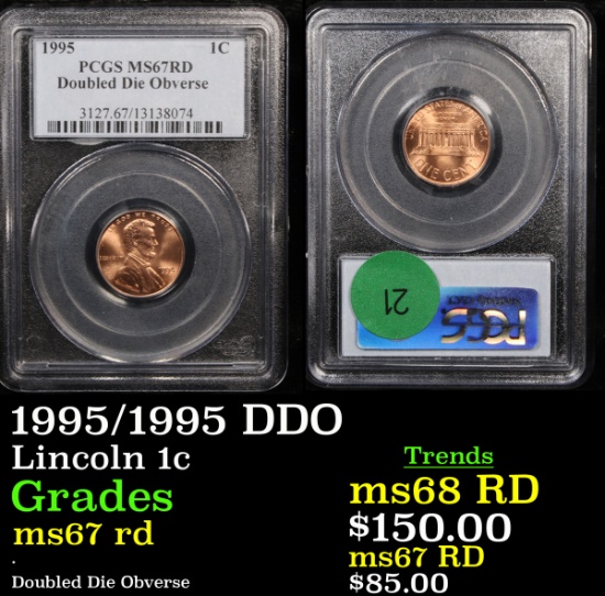 PCGS 1995/1995 DDO Lincoln Cent 1c Graded ms67 rd By PCGS