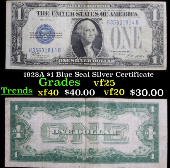 1928A $1 Blue Seal Silver Certificate Grades vf+