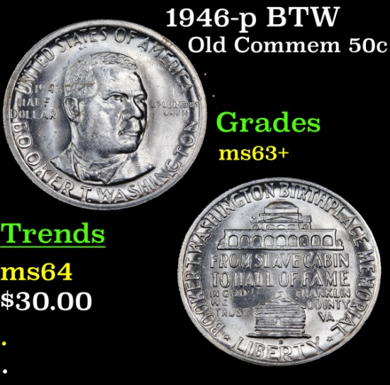 1946-p BTW Old Commem Half Dollar 50c Grades Select+ Unc