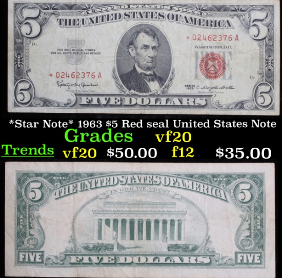 *Star Note* 1963 $5 Red seal United States Note Grades vf, very fine