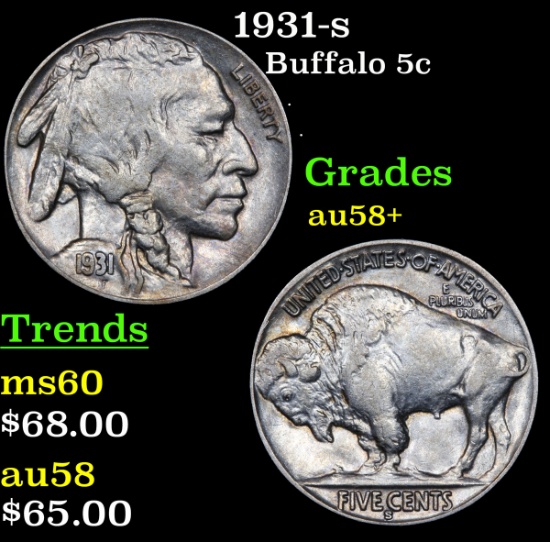 1931-s Buffalo Nickel 5c Grades Choice AU/BU Slider+