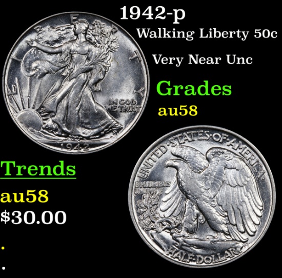 1942-p Walking Liberty Half Dollar 50c Grades Choice AU/BU Slider