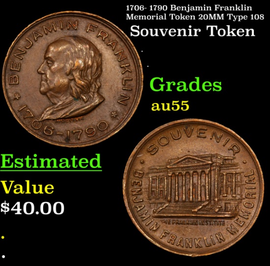 1706- 1790 Benjamin Franklin Memorial Token 20MM Type 108 Grades Choice AU