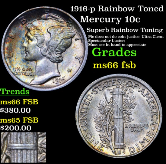 1916-p Rainbow Toned Mercury Dime 10c Grades GEM+ FSB