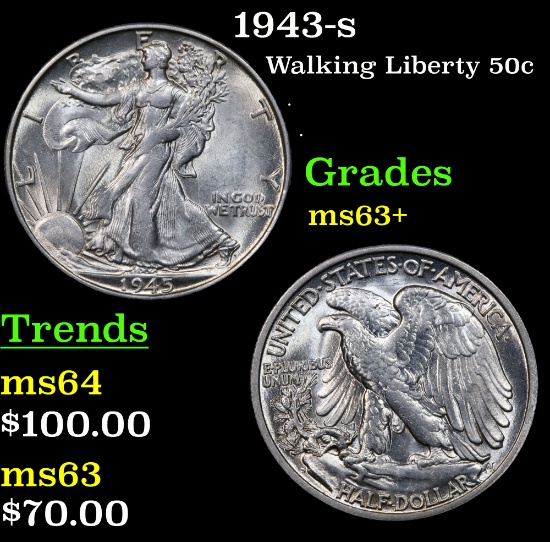 1943-s Walking Liberty Half Dollar 50c Grades Select+ Unc